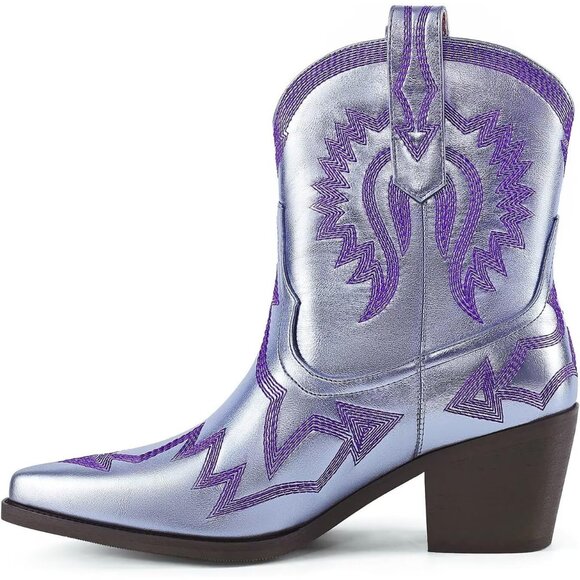 Women Metallic Embroidered Pointed Toe Cowgirl Boot Chunky Heel Pull-On Lavender - Picture 2 of 5